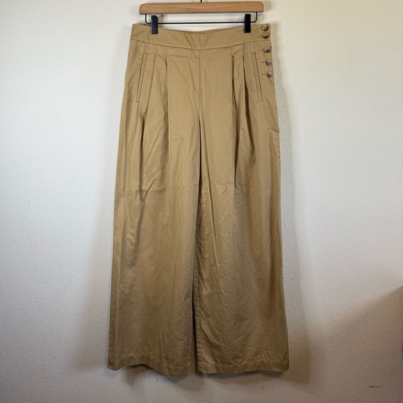 Loft Tan Wide Leg Side Button Flat Front Khaki Pants Cotton Casual Curvy Size 8 - Picture 2 of 10